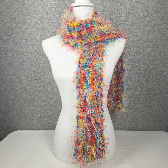 MULTICOLOR FUZZY 64" × 4" SCARF – RAINBOW FEATHERY TEXTURE  STATEMENT ACCESSORY - Picture 2 of 7